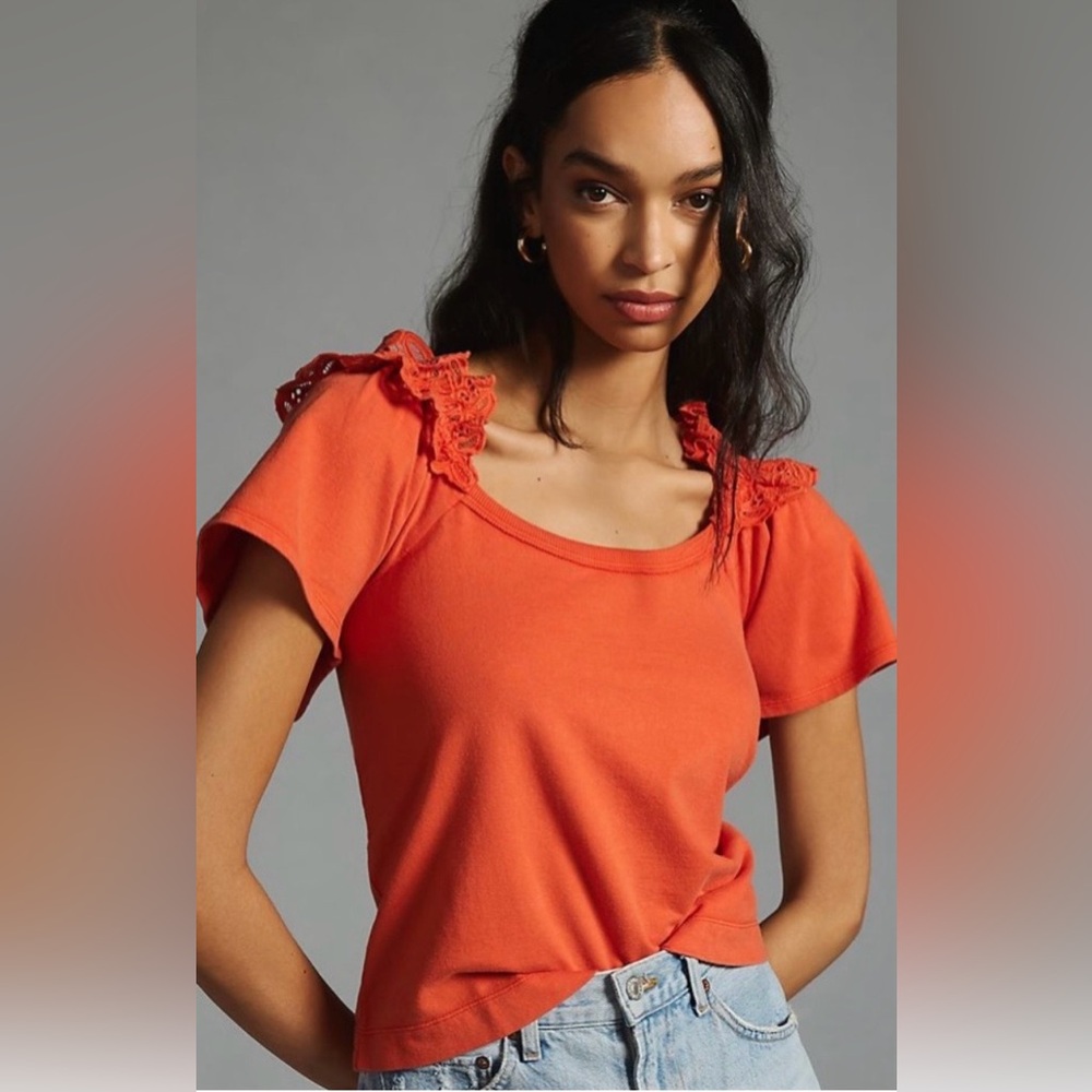 Anthropologie Pilcro Vermilion Coral Lace Sleeve Top Medium NWT